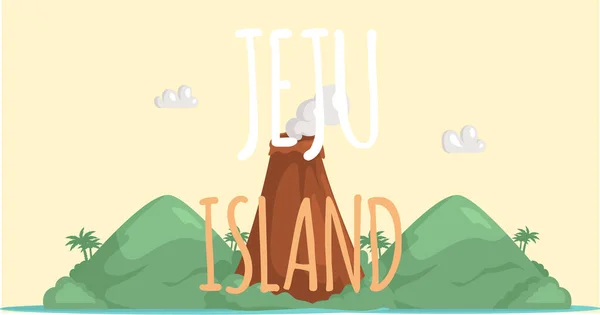 Avontuur naar Jeju eiland concept poster. Inscriptie met uitnodiging naar eiland met slapende vulkaan — Stockvector