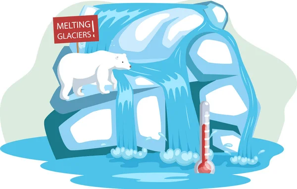 Animal polar white bear sitting on melting ice in sea with temperature rise thermometer need help — Stock Vector