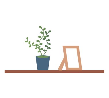 İçerisi için içinde fotoğraf ve saksı olan bir kitaplık. Duvar rafı, vazo ve beyaz ev bitkisi.