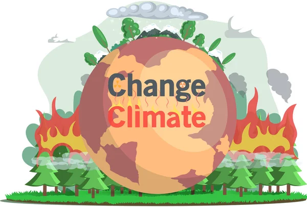 Zmiana klimatu z brązowym globusem i spalanie lasów iglastych w oddali, ogień niszczy rośliny — Wektor stockowy