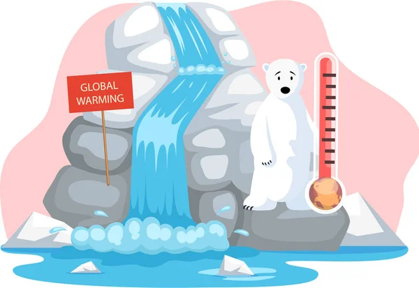 Белый медведь сидит на тающем льду в море с термометром повышения температуры. Концепция глобального потепления — стоковый вектор