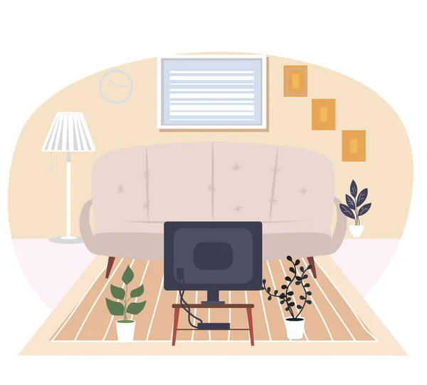 Pohodlný gauč u televize na stole. Interiérový design obývacího pokoje s nábytkem a technologií — Stockový vektor