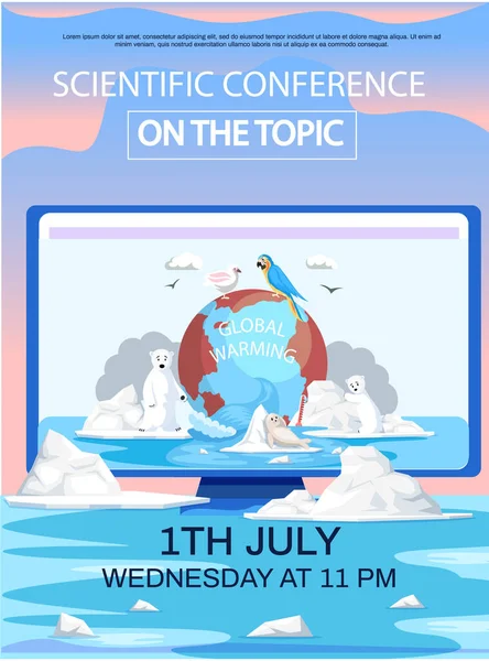 สัตว์ขั้วโลกรอบโลก ระหว่างการละลายของธารน้ําแข็ง การประชุมทางวิทยาศาสตร์เกี่ยวกับภาวะโลกร้อน — ภาพเวกเตอร์สต็อก