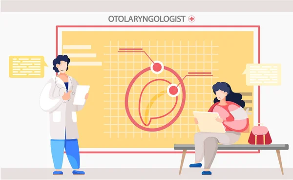 Médico de otomología con paciente. Otorrinolaringología medicina médica u otorrinolaringología enfermedades — Vector de stock