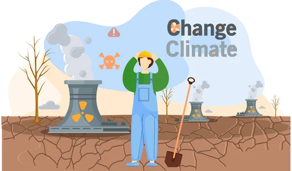 Zapisz planety, koncepcja zmiany klimatu z człowiekiem w garniturze pracownika z łopatą na suchej ziemi pęknięty — Wektor stockowy