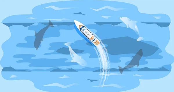 Weiße Segeljacht im blauen Meer mit Delphinen von oben. Segelschiff schwimmt im Ozean — Stockvektor