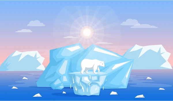 Oso polar sobre el derretimiento del calentamiento global, glaciar del cambio climático en el fondo de iceberg — Vector de stock