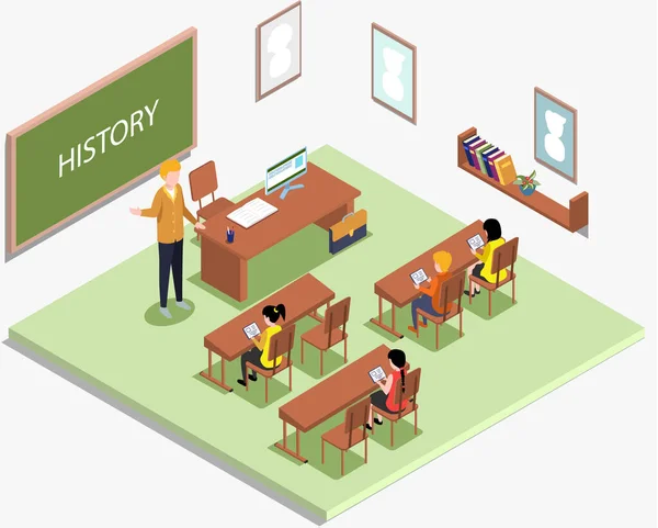Schulbildung isometrisch mit Lehrer und Schüler im Geschichtsunterricht. Lernprozess im Klassenzimmer — Stockvektor