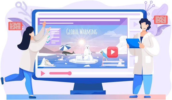Forskare tittar på video om djur under den globala uppvärmningen. Människor utforskar orsakerna till klimatförändringarna — Stock vektor