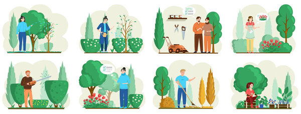 Весеннее садоводство, люди садовники работают во дворе. Сельское хозяйство, органическое садоводство и сельское хозяйство