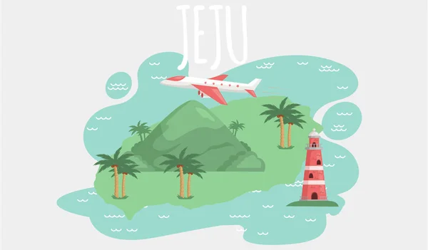 Jeju eiland in Zuid-Korea. Zomervakantie, actieve tour met beroemde attractie, avontuurlijke tijd — Stockvector