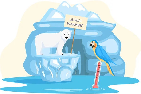 Jegesmedve és papagáj olvadó jégen a tengeren hőmérséklet-emelkedés hőmérő globális felmelegedés koncepciója — Stock Vector