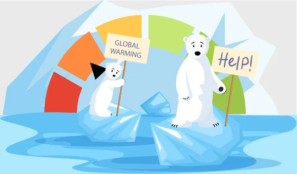 Ursos polares triste por derreter geleiras pedindo ajuda. Escala com indicador de aquecimento global —  Vetores de Stock