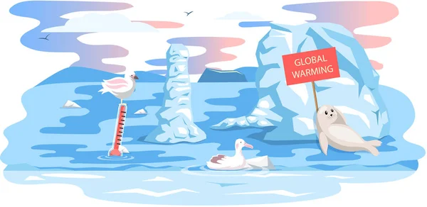 Kutup hayvanları küresel ısınma sırasında yardım istiyor. İklim boşluğu kavramından dolayı eriyen buzullar — Stok Vektör