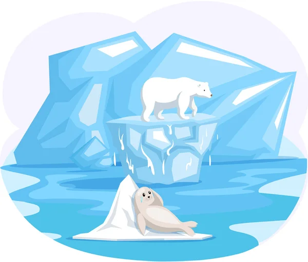 Small white seal and polar bear on top of ice floe. Wild animal need help on glacier in antarctica — Stock Vector