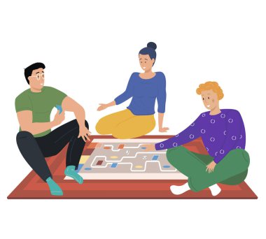 Oyun oynayan arkadaşlar, kartlarla harita, ev partisi. İnsanlar zarları yuvarlar ve oynarken bitirirler.