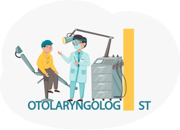 Médico de otomología con paciente. Otorrinolaringología medicina médica u otorrinolaringología enfermedades — Vector de stock