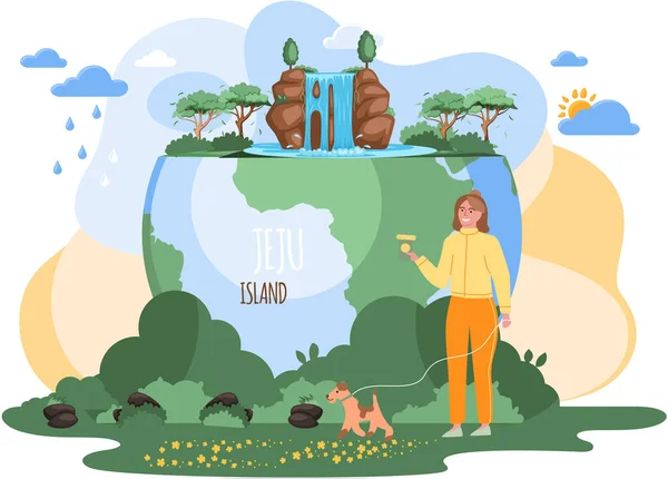 Jeju island in South Korea, Girl stands near planet Earth and looks at nature of jeju, travel poster — Vector de stock