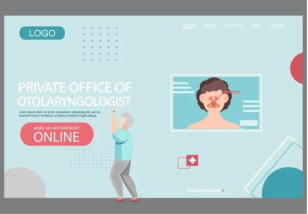 Private office of otolaryngologist landing page template. App for providing medical service online — Vettoriale Stock