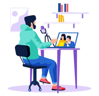 Mikrofonlu erkek karakter canlı yayında çalışıyor, podcast izliyor, yayın yapıyor