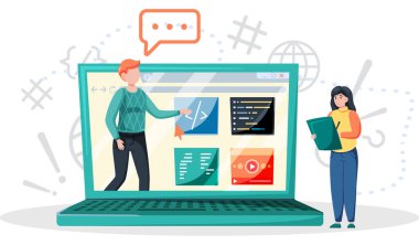 Çevrimiçi eğitim kavramı. Öğrencilere uzaktan bilgi veriliyor, öğrenim platformu üzerinde çalışıyorlar