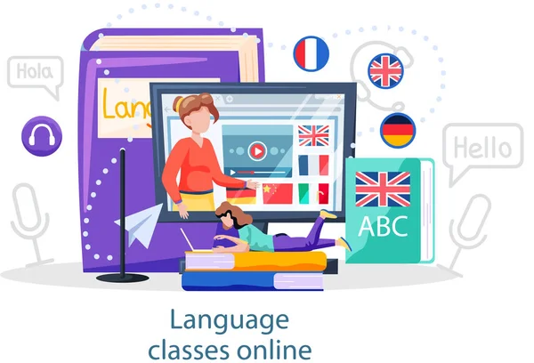 Cours de langue en ligne. Etude de la parole étrangère à la maison avec ordinateur, cours à distance — Image vectorielle