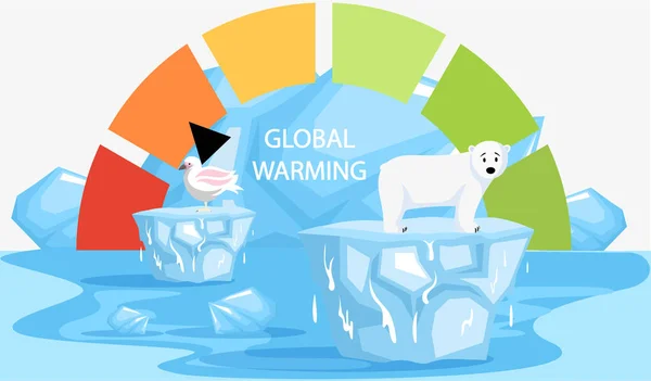 Oso polar y pájaro en glaciar derritiéndose durante el calentamiento global. Escala con indicador de cambio climático — Vector de stock