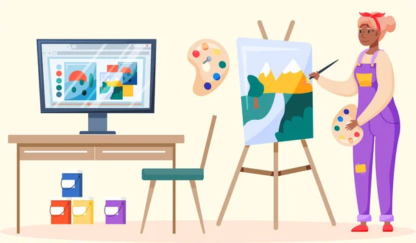 Koncepcja warsztatów malarskich online. Artysta proces twórczy z farbą i pędzlami kształcenia na odległość — Wektor stockowy