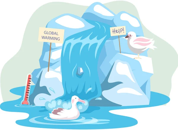 Las gaviotas y aves marinas en el témpano de hielo necesitan ayuda, concepto de calentamiento global, cambio climático en el Polo Norte — Vector de stock
