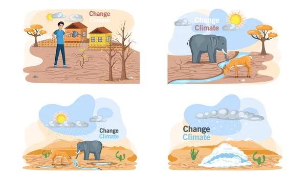 Probleem van de verdwijning van waterbronnen, droogte, ecologische ramp op planeet dieren hebben dorst — Stockvector