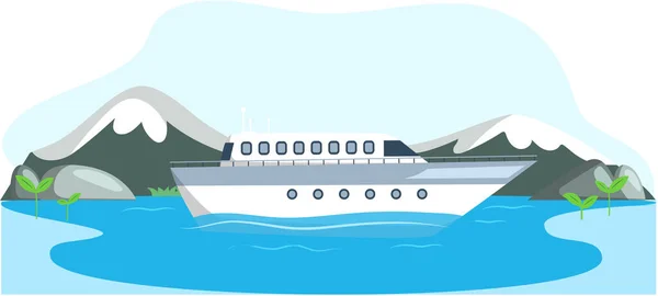 Біла розкішна яхта з кабіною як водний транспорт. Корабель на дорогах у гавані, комерційний човен — стоковий вектор