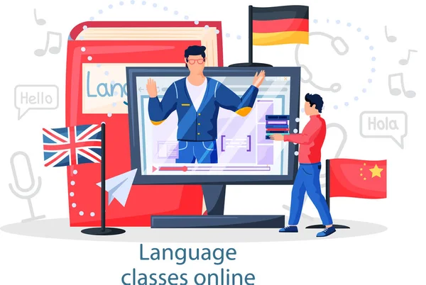 Clases de idiomas en línea con plataforma educativa educación gratuita. Estudio de habla extranjera en casa — Vector de stock