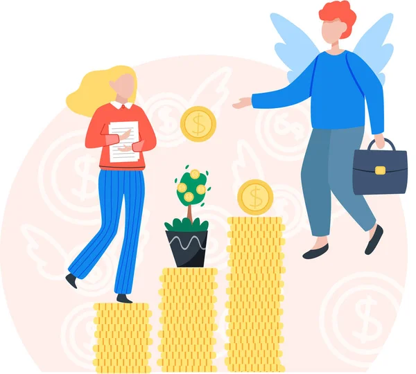 Team arbeitet an der Wachstumsfinanzierung mit Goldmünzen-Dollar-Stack. Angel investor startup community — Stockvektor