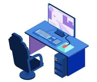 Isometric oyun kurucu kurulum sandalyesi, klavye fare hoparlörü bilgisayar tablet tablet tablet tablosu izole vektörü