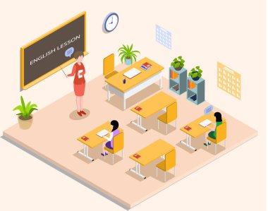 İngilizce dersinde öğretmen ve öğrenciyle birlikte okul eğitimi izometrik. Sınıfta öğrenme süreci