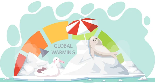 地球温暖化の間、氷の融解に座っている極性の鳥と封印。地球温度上昇指標 — ストックベクタ