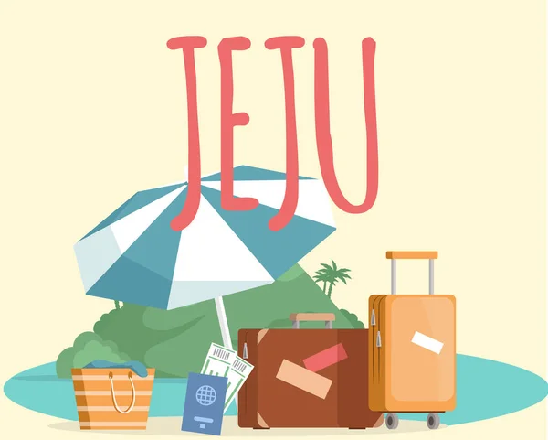 stock vector Adventure to Jeju island. Inscription with invitation to island with luggage and beach accessories