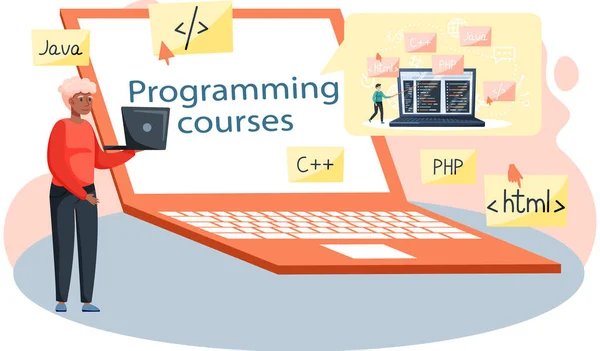 Programação de cursos de educação on-line, codificação de aprendizagem. Sessão de formação em tecnologia da informação — Vetor de Stock
