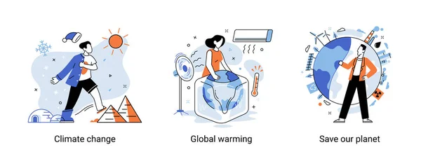 İklim kavramını değiştir. İklim değişikliğinin soyut metaforu ve gezegeni kurtarmak, Dünya Çevre Günü. Küresel sıcaklık — Stok Vektör