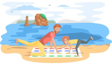 Baba ve kızı hortum oyunu oynuyorlar. Denizin günlük yaşamında mutlu bir aile.