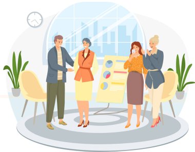 Mutlu kadın ya da kız iş kadını ofisteki meslektaşlarından tebrik alır.