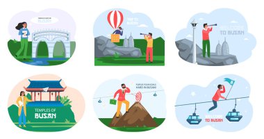 Busan reklam pankartlarına hoş geldiniz. Modern yapılar ve geleneksel tapınak, şehrin simgesi.