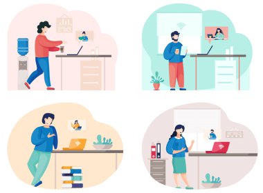 İletişim kuran, video görüşmelerini kullanan iş ortakları, internet sahneleri üzerinden toplantı düzenliyor.