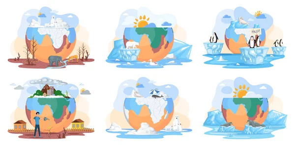 地球上の氷河の融解、地球温暖化、気候変動に関する一連のイラスト — ストックベクタ