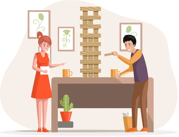 Vrolijke familie speelt jenga in het appartement. Vreugdevolle man en vrouw samen thuis te spelen bordspel — Stockvector