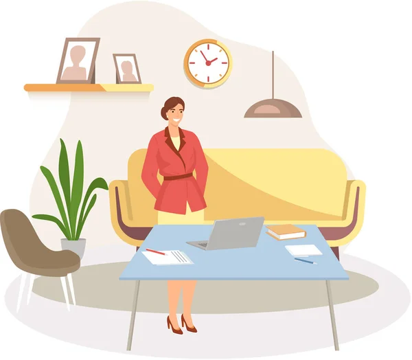 Woman works in office or at home stands near teble with computer. Character working remotely — Stock Vector