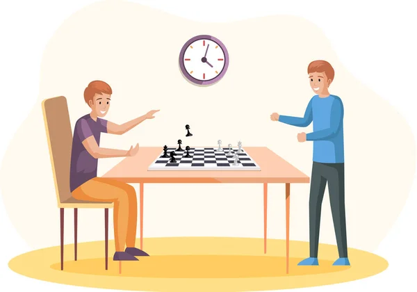 Personnages masculins assis à la table jouant aux échecs dans le salon. Personne tenant dans la main une figure d'échecs — Image vectorielle