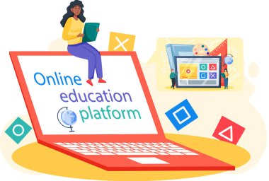 Çevrimiçi eğitim kavramı. Evde eğitim. Öğrenim platformunda dizüstü bilgisayarda çalışan kadın öğrenci
