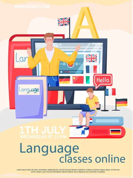 Internet-Sprachkurse. Fremdsprachenunterricht zu Hause am Computer, Fernunterricht — Stockvektor
