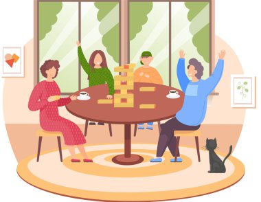 Arkadaşlar evde Jenga oynuyorlar. Kapalı alanda oyun oynayan insanlar. İşçiler dinleniyor.